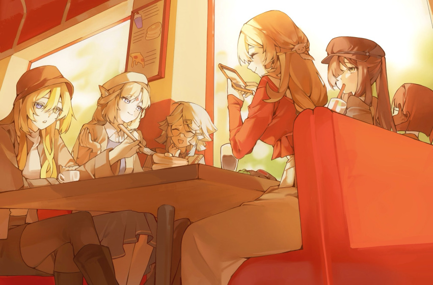 5girls, alice_(genshin_impact), alternate_costume, andersdotter_(genshin_impact), barbeloth_(genshin_impact), beret, blonde_hair, blue_eyes