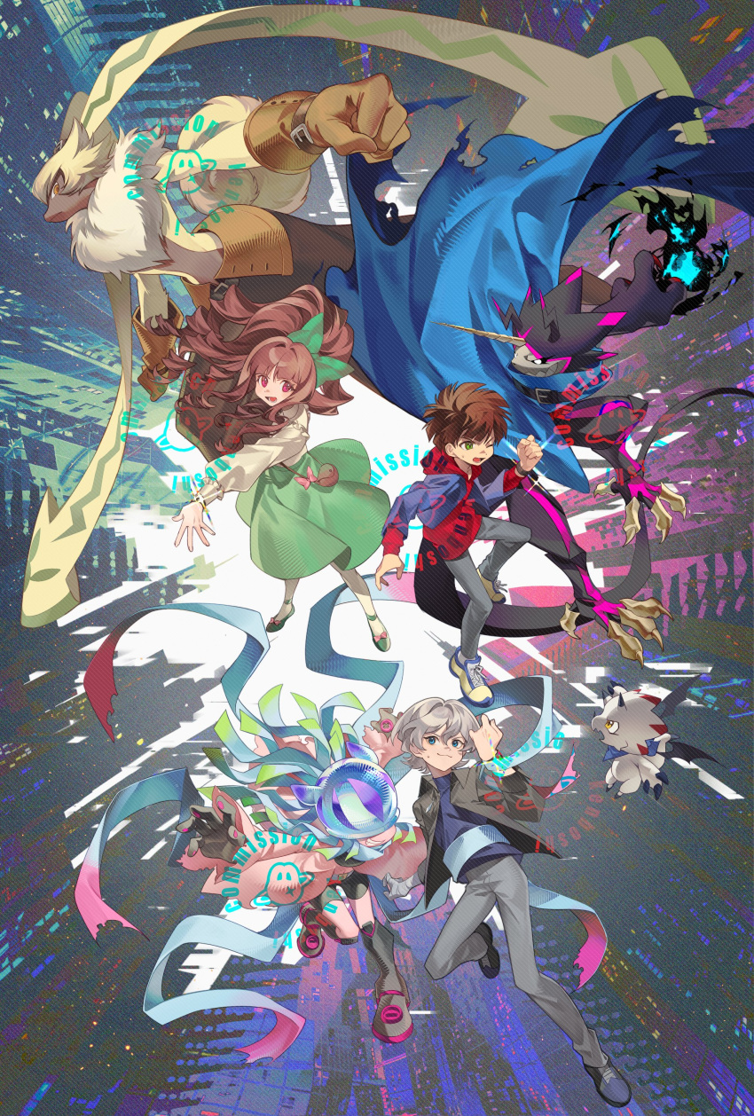2boys, 4girls, absurdres, black_fire, black_pants, black_sclera, black_shorts, blue_fire