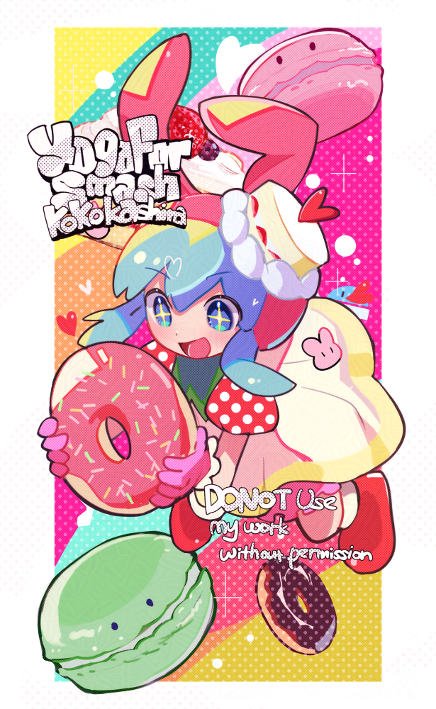 +_+, 1girl, :d, animal_ears, animal_hat, artist_name, bemani, bloomers, blue_eyes, blue_hair, border, cake, cake_hat, colorful_background, dessert, doughnut, dress, fake_animal_ears, food, frilled_gloves, frills, gloves, hat, heart, holding, holding_donut, holding_food, kokokashira_(koko_ni_iru), looking_at_food, macaron, minit's, open_mouth, outside_border, pink_bloomers, pink_gloves, pink_hat, polka_dot_sleeves, pop'n_music, puffy_short_sleeves, puffy_sleeves, rabbit_ears, rabbit_hat, red_shoes, red_sleeves, shoes, short_hair, short_sleeves, smile, solo, sweets, watermark, white_border, white_dress