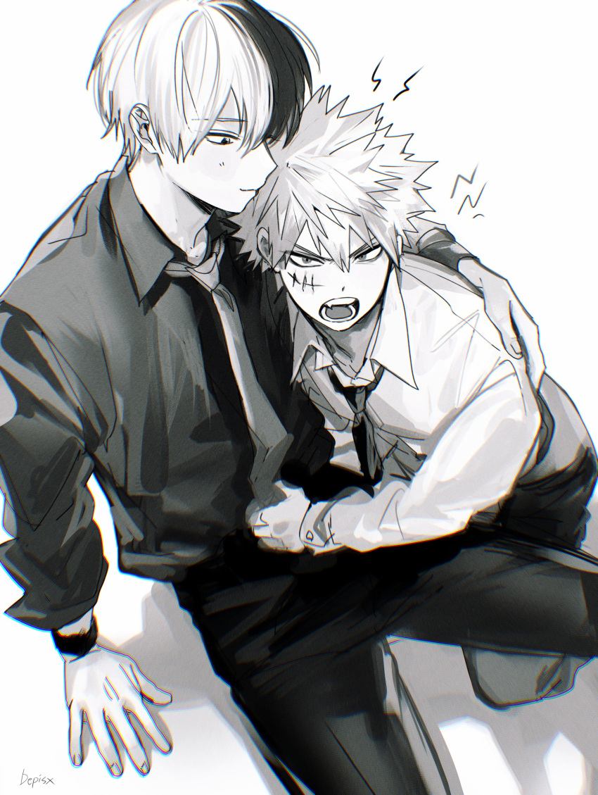 2boys, absurdres, bakugou_katsuki, boku_no_hero_academia, collared_shirt, commentary_request, depisx, greyscale
