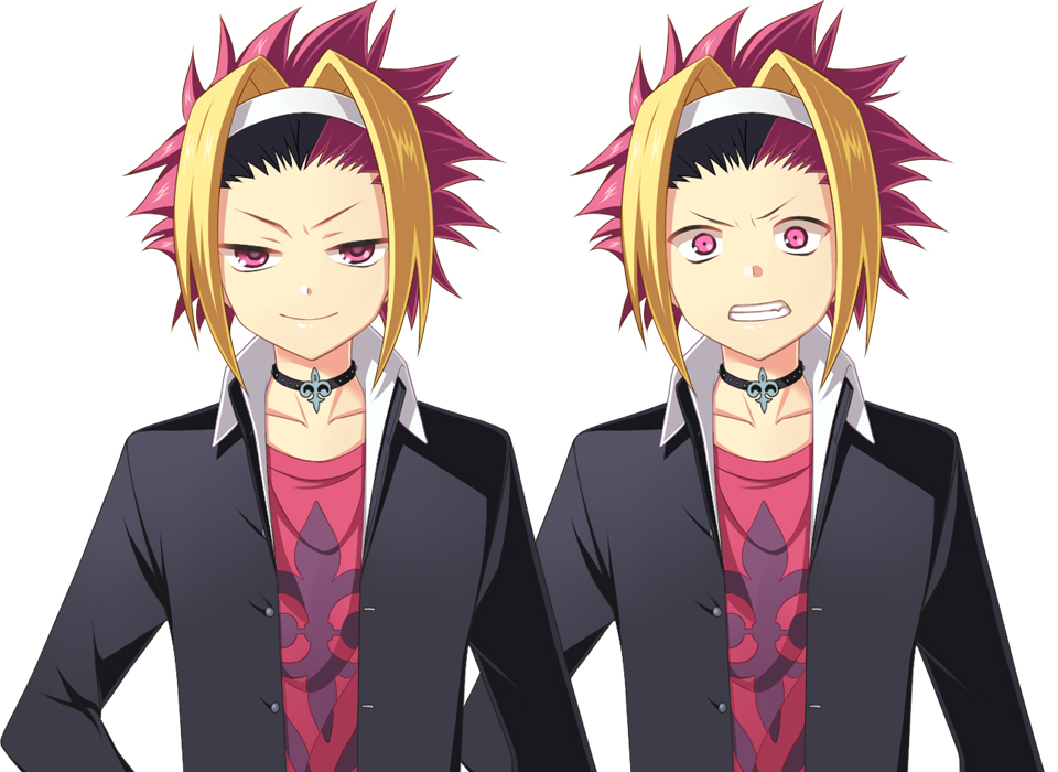 2boys, ayamisiro, black_hair, blonde_hair, choker, clenched_teeth, contemporary, dual_persona