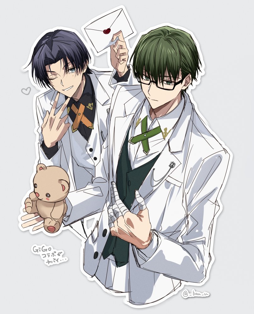 2boys, arm_up, bandaged_fingers, bandages, bau_u, black-framed_eyewear, black_hair, black_shirt