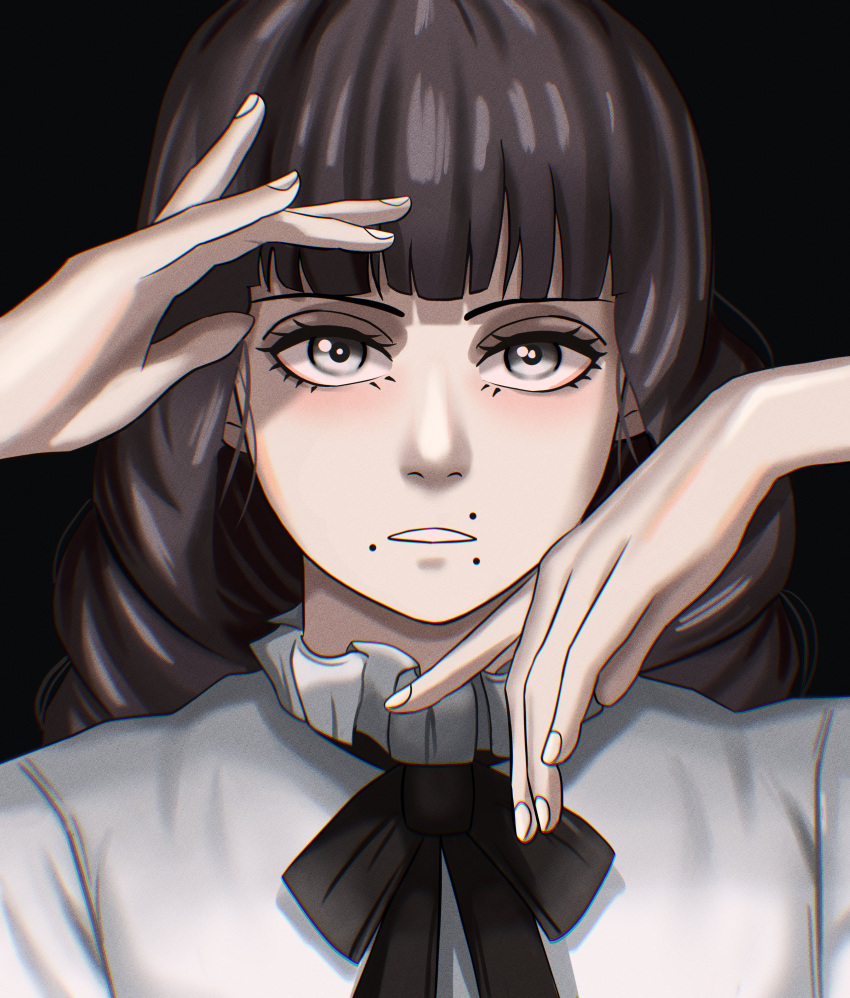 1girl, absurdres, black_background, black_ribbon, brown_hair, commentary, face_piercing, fear_&amp;_hunger_(series), fear_&amp;_hunger_2:_termina, frilled_shirt_collar, frills, grey_eyes, hands_up, highres, long_hair, looking_at_viewer, magna_lucis, marina_(fear_&amp;_hunger), mouth_piercing, neck_ribbon, parted_lips, piercing, portrait, ribbon, shirt, solo, straight-on, white_shirt