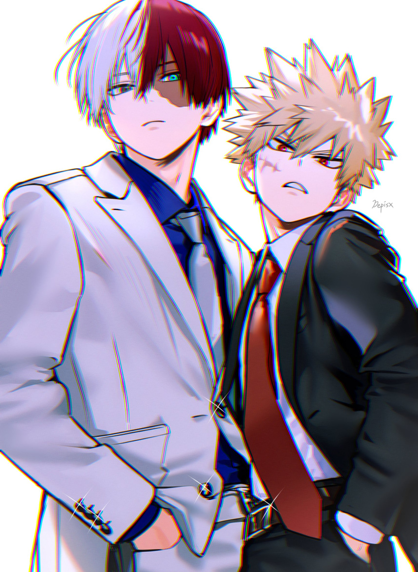bakugou_katsuki, belt, belt_buckle, black_jacket, black_pants, black_suit, blonde_hair, blue_eyes