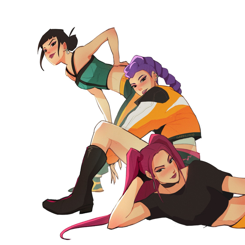 3girls, black_hair, black_nails, boots, braid, braided_ponytail, choker, commentary