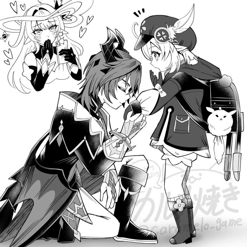 1boy, 2girls, ahoge, alice_(genshin_impact), backpack, bag, bloomers, blunt_bangs