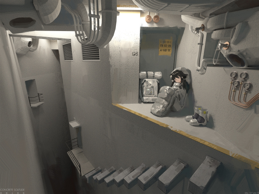 1girl, absurdres, airfish_(lefko_d), backpack, bag, balcony, black_hair, boots