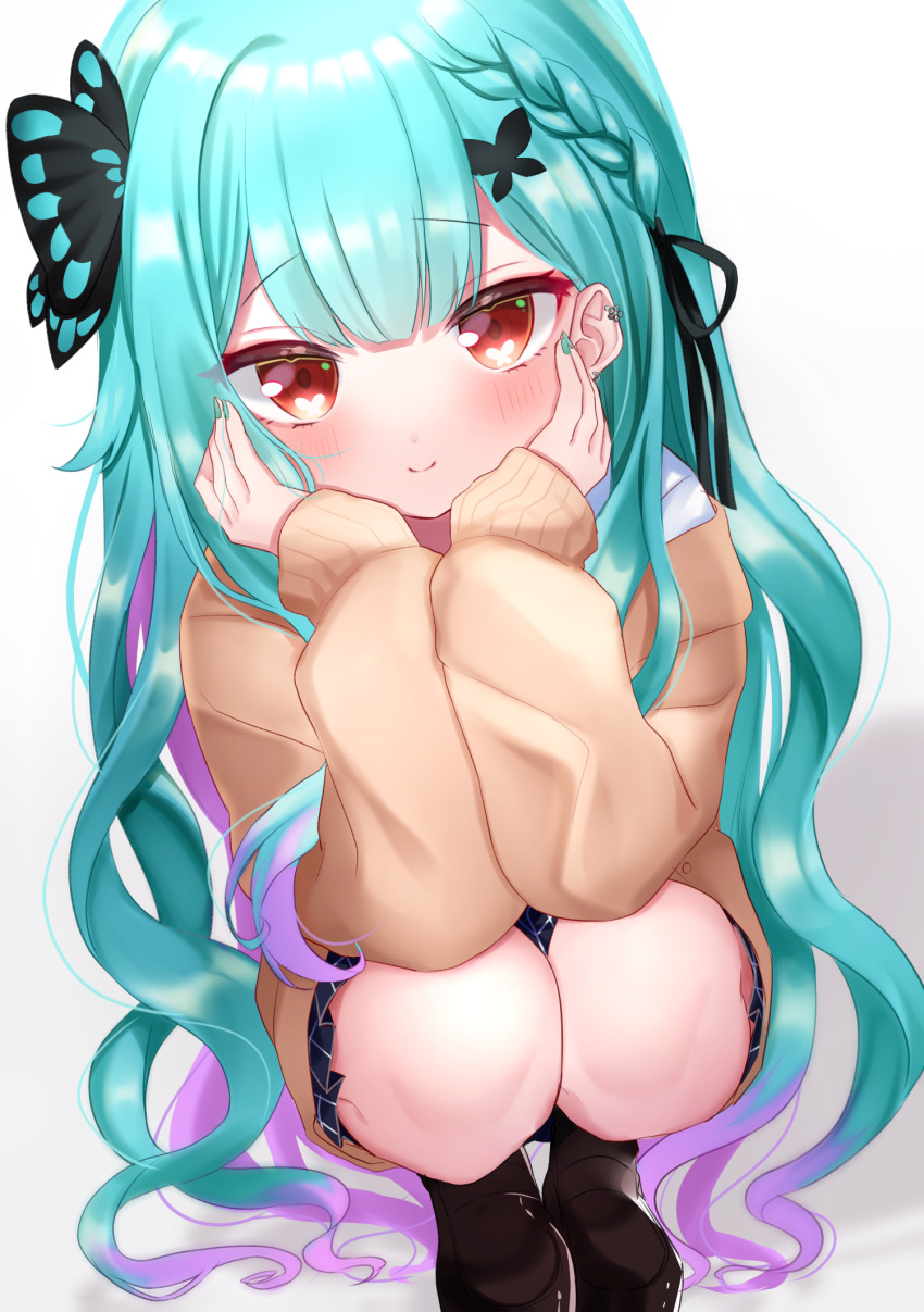 1girl, black_shoes, black_skirt, brown_cardigan, bug, butterfly, butterfly_hair_ornament, cardigan