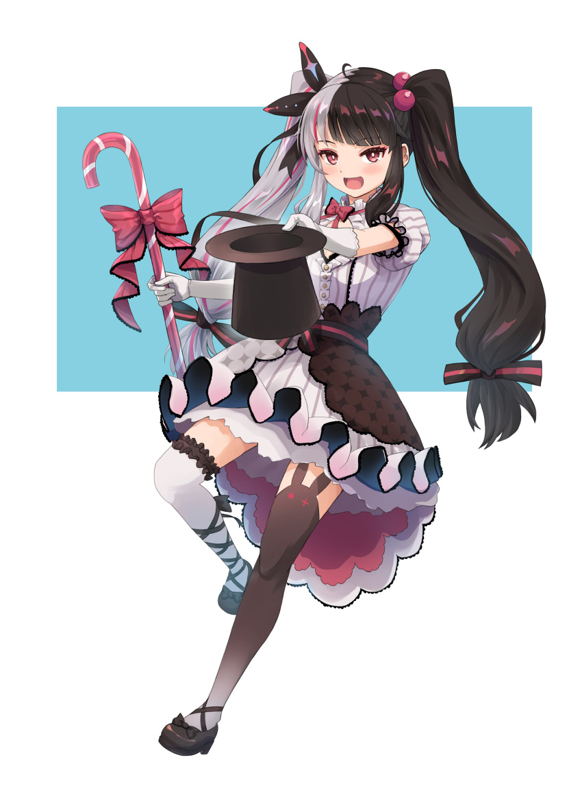 1girl, :d, absurdres, ahoge, animal_ear_legwear, asymmetrical_footwear, asymmetrical_legwear, black_hair