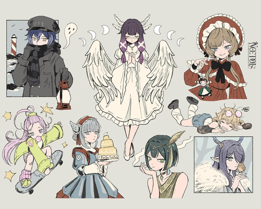 1boy, 6+girls, aino_(genshin_impact), alternate_costume, antlers, artist_name, bangs_pinned_back, bird