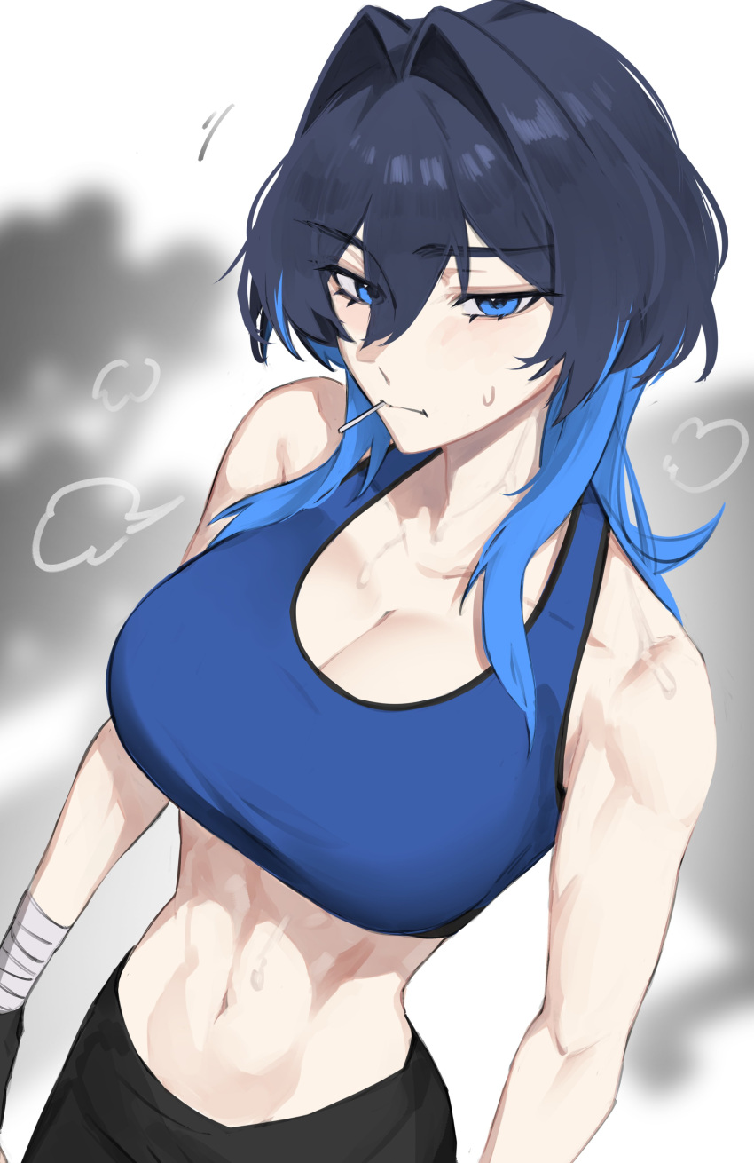 1girl, abs, absurdres, after_exercise, bandaged_wrist, bandages, black_pants, blue_hair