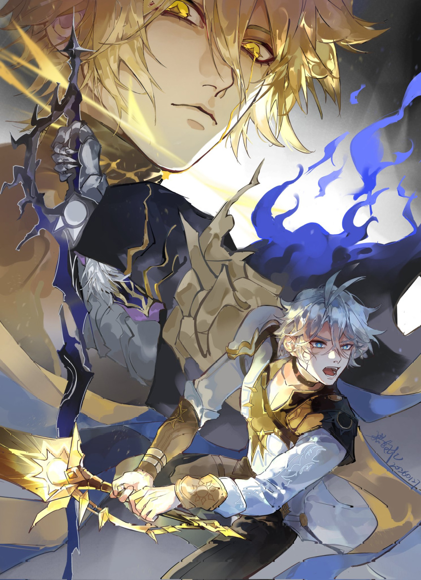 2boys, antenna_hair, black_pants, blonde_hair, blue_eyes, closed_mouth, double-parted_bangs, frown, grey_hair, hair_between_eyes, hashtag-only_commentary, hgq5277, highres, holding, holding_sword, holding_weapon, honkai:_star_rail, honkai_(series), long_sleeves, male_focus, material_growth, multiple_boys, multiple_views, open_mouth, pants, phainon_(honkai:_star_rail), phainon_(khaslana)_(honkai:_star_rail), shirt, sword, weapon, white_shirt