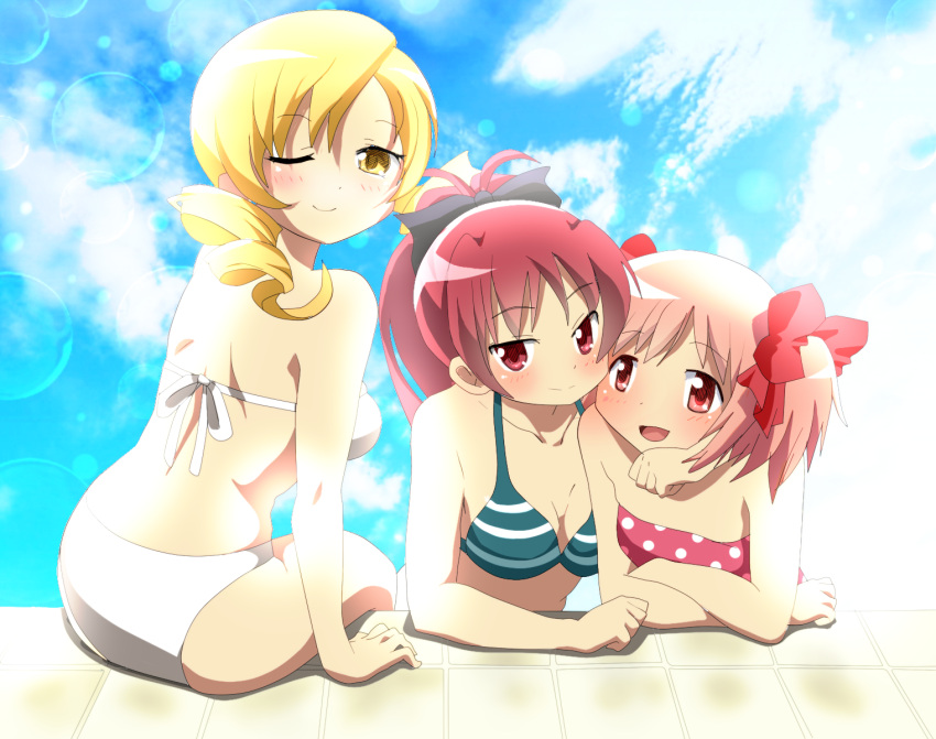 bikini, blonde_hair, breasts, cleavage, derivative_work, drill_hair, hair_ribbon, highres