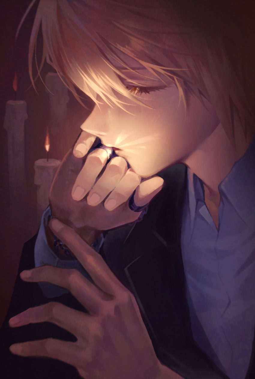 1boy, absurdres, blonde_hair, candle, closed_eyes, collared_shirt, glowing_ring, hair_between_eyes