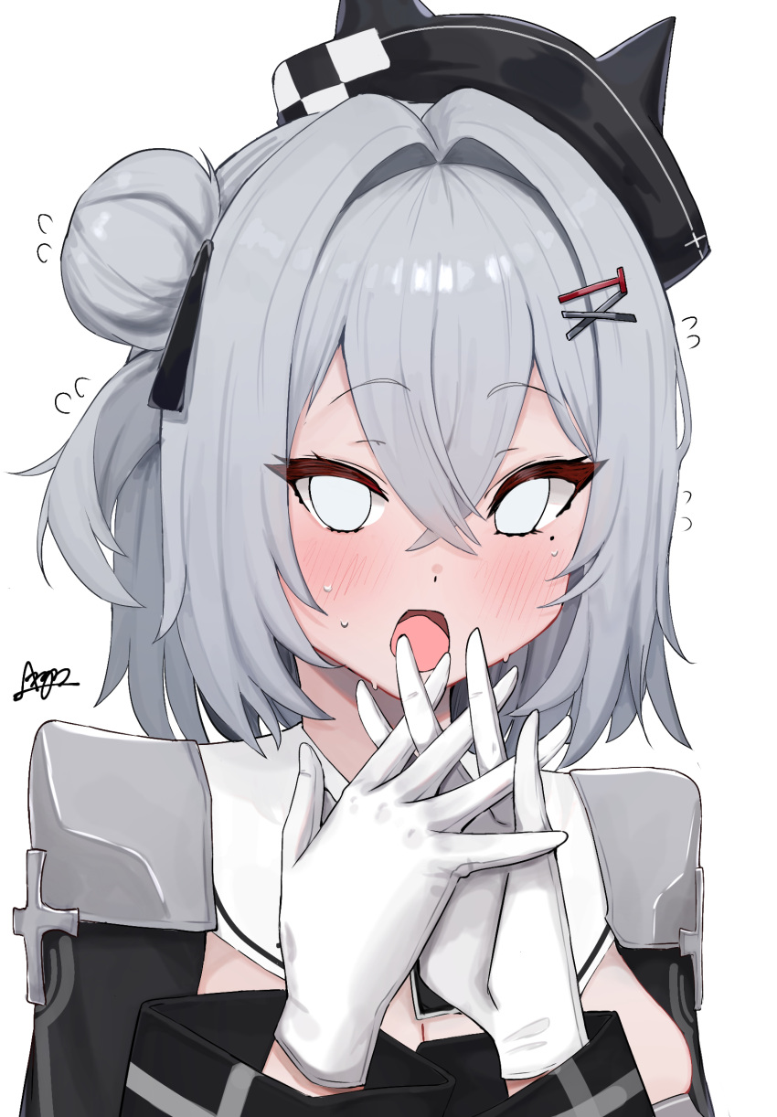1girl, :o, argar_demo, azur_lane, black_dress, black_hat, black_ribbon, blank_eyes, blue_eyes, blush, commentary_request, dress, gloves, hair_between_eyes, hair_bun, hair_ornament, hair_ribbon, hairclip, hands_up, hat, highres, interlocked_fingers, jade_(azur_lane), looking_at_viewer, mole, mole_under_eye, ribbon, single_hair_bun, smile, solo, surprised, upper_body, white_gloves, white_hair, x_hair_ornament