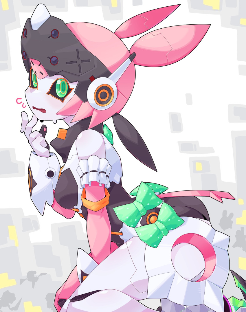 1girl, aria_(zenless_zone_zero), bare_shoulders, bow, breasts, commentary_request, detached_sleeves, flying_sweatdrops, green_bow, green_eyes, headgear, highres, humanoid_robot, kni-droid, open_mouth, pink_hair, robot, robot_girl, small_breasts, solo, sweatdrop, zenless_zone_zero