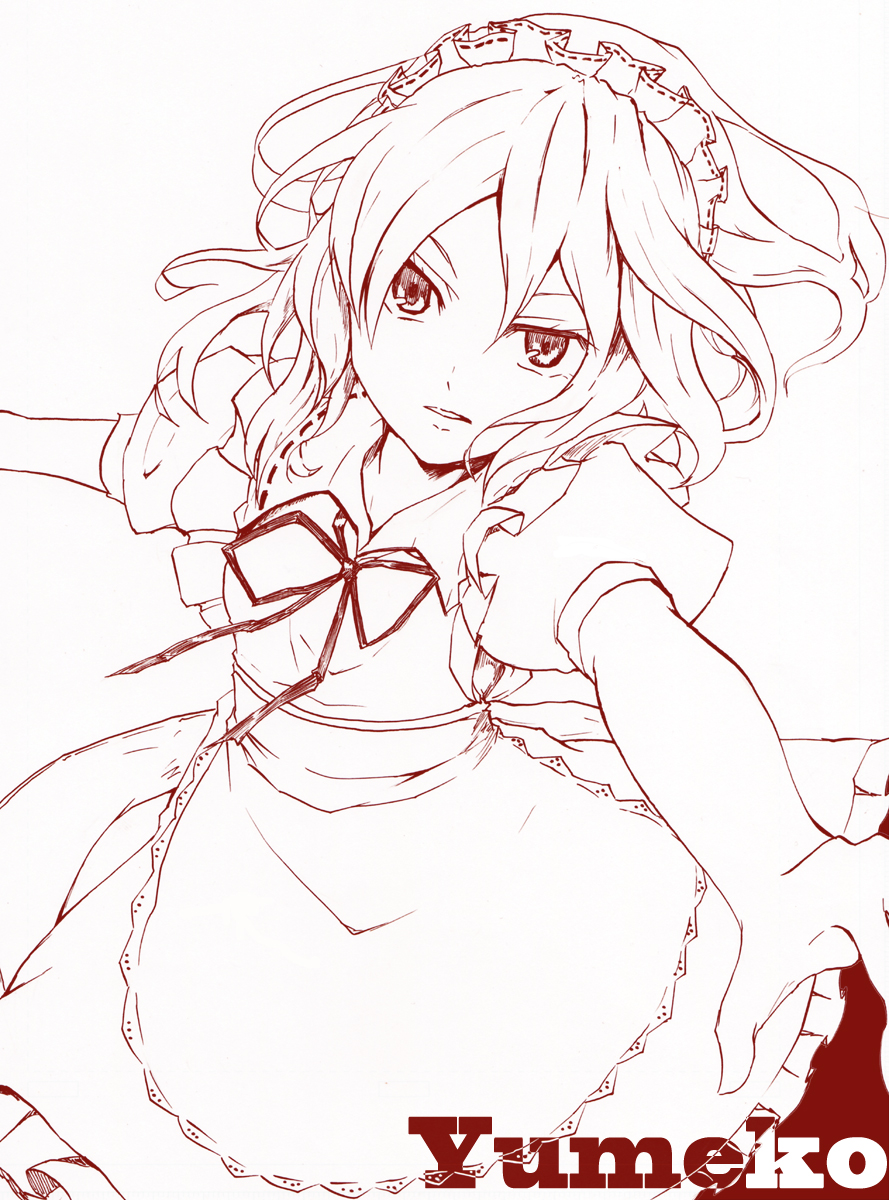 apron, character_name, face, highres, maid, maid_headdress, monochrome, mr.milk_caramel