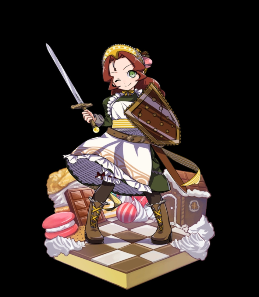 1girl, absurdres, apron, black_background, black_pantyhose, bloomers, blush, boots