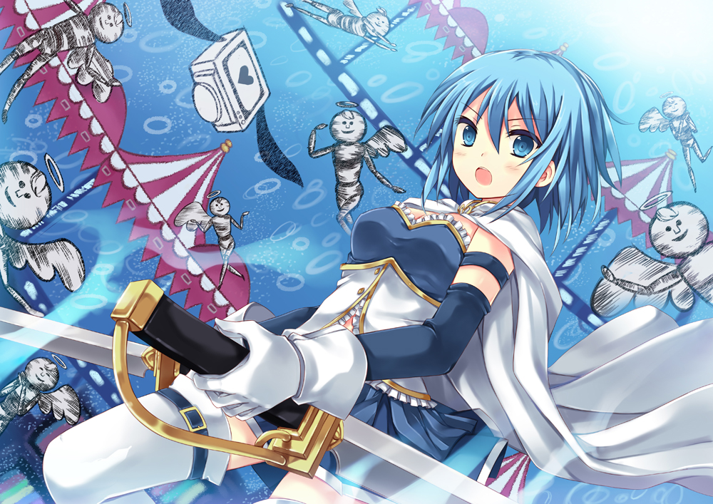 blue_eyes, blue_hair, cape, daniyyel+jennifer, gloves, h.n.elly_(kirsten), magical_girl, mahou_shoujo_madoka_magica, miki_sayaka, open_mouth, pcmaniac88, short_hair, solo, sword, television, thigh-highs, thighhighs, weapon, white_gloves, zettai_ryouiki