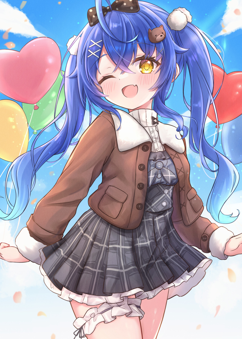 1girl, absurdres, ahoge, amamiya_kokoro, balloon, bear_hair_ornament, blue_hair, blue_sky, blush, bow, bowtie, brown_jacket, clouds, dress, fang, frilled_dress, frilled_thigh_strap, frills, green_dress, hair_between_eyes, hair_bow, hair_ornament, heart_balloon, highres, jacket, long_hair, long_sleeves, looking_at_viewer, matcha_november, nijisanji, one_eye_closed, open_clothes, open_jacket, open_mouth, polka_dot, polka_dot_bow, polka_dot_bowtie, pom_pom_(clothes), pom_pom_hair_ornament, sidelocks, skin_fang, sky, solo, standing, thigh_strap, turtleneck, twintails, very_long_hair, virtual_youtuber, x_hair_ornament, yellow_eyes