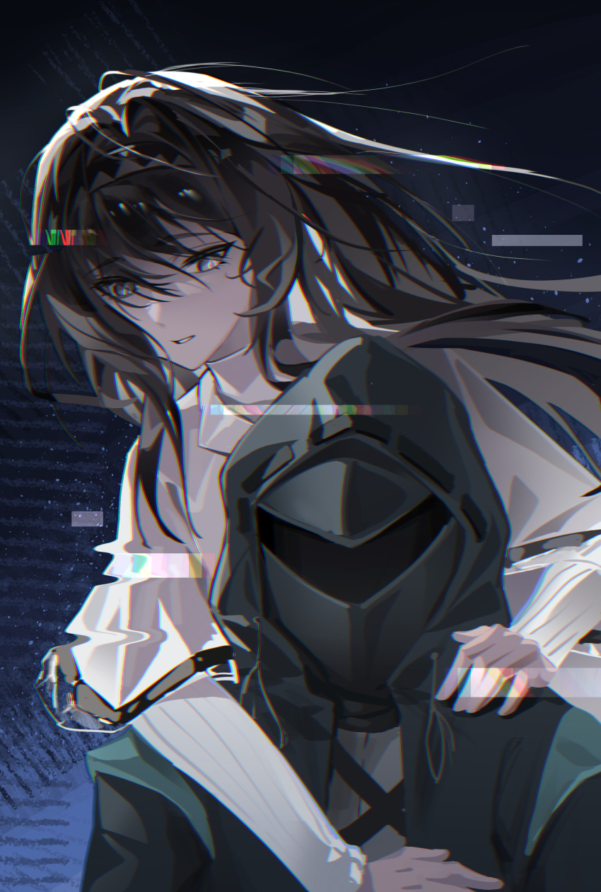 1girl, 1other, absurdres, arknights, behind_another, black_eyes, black_hair, black_hairband, black_jacket, chromatic_aberration, commentary, doctor_(arknights), floating_hair, glitch, hair_between_eyes, hairband, hand_on_another's_chest, hand_on_another's_shoulder, highres, hood, hood_up, hooded_jacket, hundun_hdun, jacket, light_particles, long_hair, long_sleeves, parted_lips, priestess_(arknights), shirt, symbol-only_commentary, white_shirt