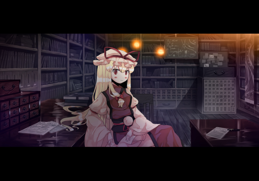 blonde_hair, blush, book, book_shelf, bookshelf, bow, cabinet, chalkboard