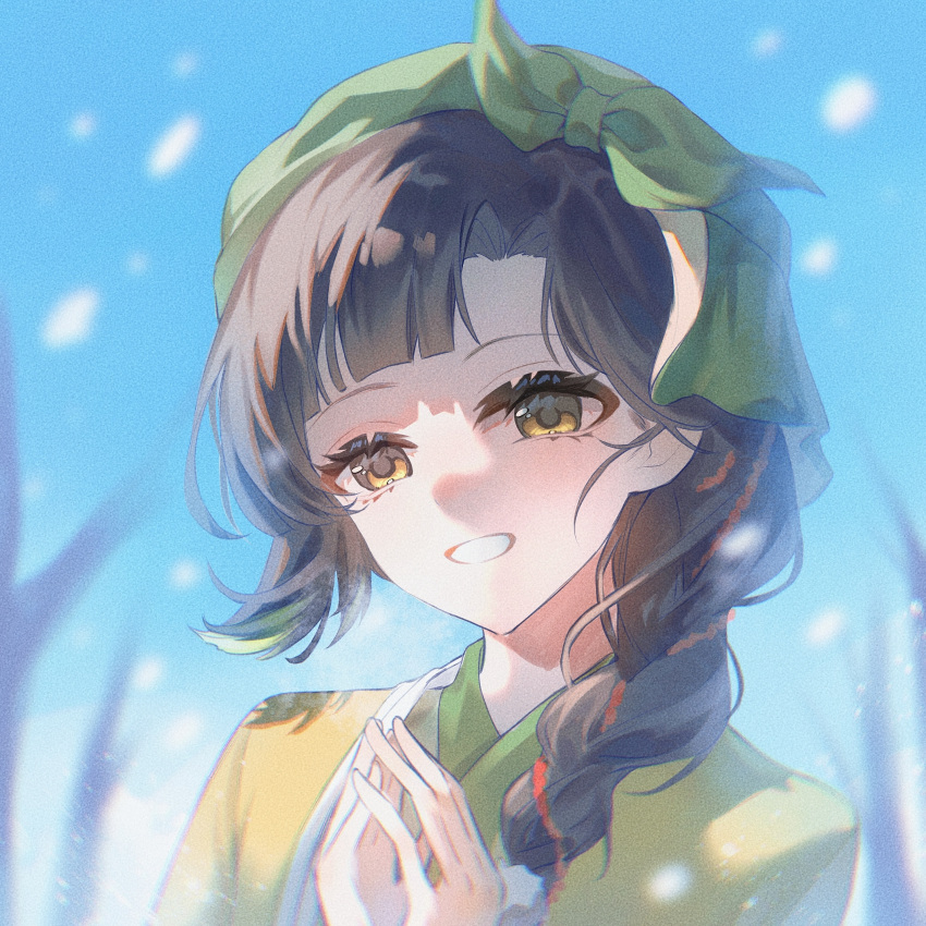 1girl, black_hair, blue_background, chinese_clothes, chinese_commentary, commentary_request, green_hanfu, green_headscarf