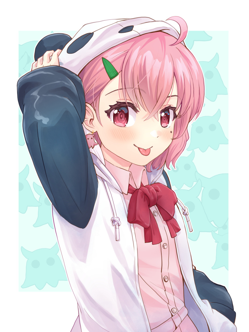 1girl, :p, ahoge, animal_hood, black_sleeves, blush, bow, bowtie