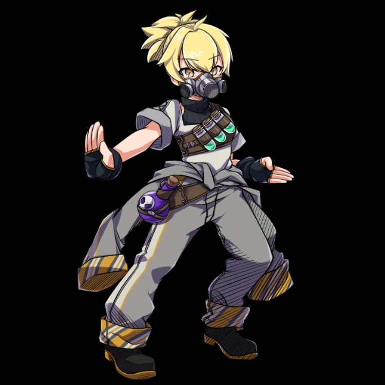 1girl, belt, black_background, black_boots, black_gloves, blonde_hair, boots, bottle, breasts, brown_belt, fighting_stance, fingerless_gloves, full_body, gas_mask, gloves, grey_pants, grey_shirt, hair_between_eyes, lotto_(merc_storia), mask, merc_storia, merc_storia_art_team, official_art, open_hands, outstretched_arm, pants, ponytail, shirt, short_ponytail, short_sleeves, simple_background, small_breasts, solo, standing, tachi-e, tsurime, yellow_eyes