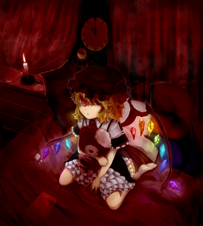 ascot, bangs, bare_legs, blonde_hair, candle, clock, couch, curtains