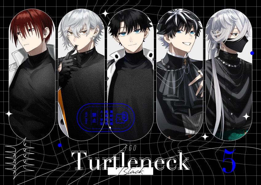 33_00oo, 5boys, absurdres, artist_name, asclepius_(fate), ascot, black_ascot, black_gloves, black_hair, buttons, charlemagne_(fate), closed_mouth, clothing_cutout, collar, commentary, copyright_name, ear_piercing, english_text, fate/grand_order, fate_(series), frilled_collar, frills, fujimaru_ritsuka_(male), glove_cutout, gloves, grin, hair_between_eyes, harada_sanosuke_(fate), high_collar, highres, jacket, jacket_on_shoulders, jewelry, kadoc_zemlupus, light_frown, light_smile, long_hair, looking_ahead, looking_at_viewer, looking_to_the_side, male_focus, mask, mouth_mask, multicolored_hair, multiple_boys, multiple_necklaces, necklace, open_clothes, open_jacket, open_mouth, piercing, red_hair, removing_glove, short_hair, sideways_glance, smile, star_(symbol), streaked_hair, turtleneck, twitter_username, two-tone_hair, upper_body, white_hair, yellow_eyes