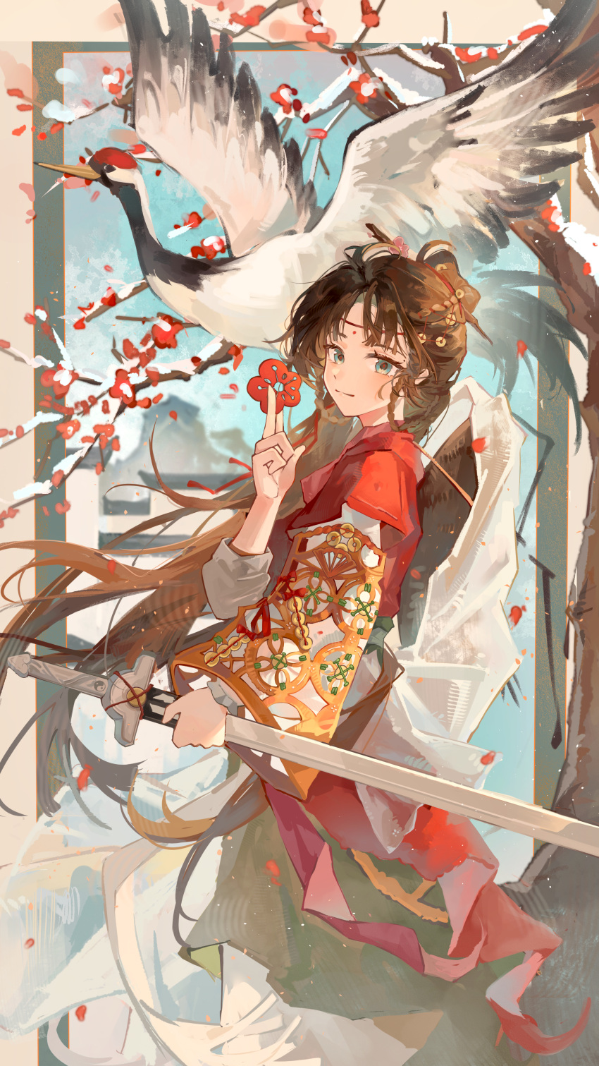 1girl, absurdres, architecture, bird, black_hair, blue_eyes, blue_sky, chinese_clothes