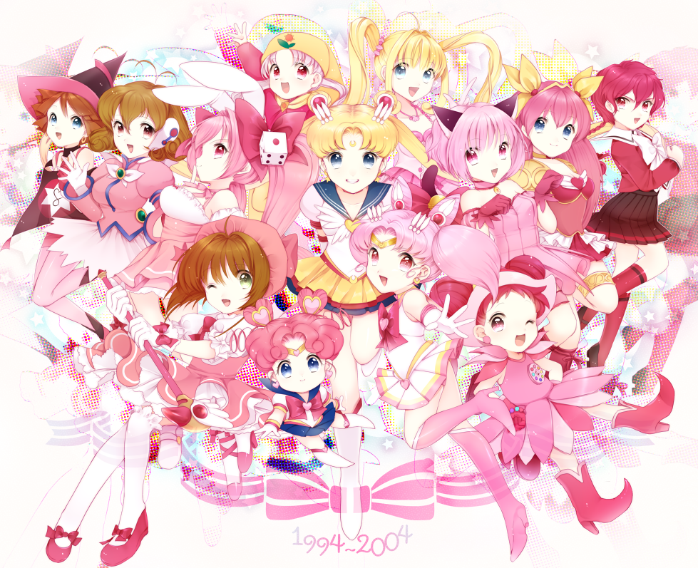 6+girls, 90s, ;d, angel_peach, bishoujo_senshi_sailor_moon, blonde_hair, blue_eyes, brown_hair