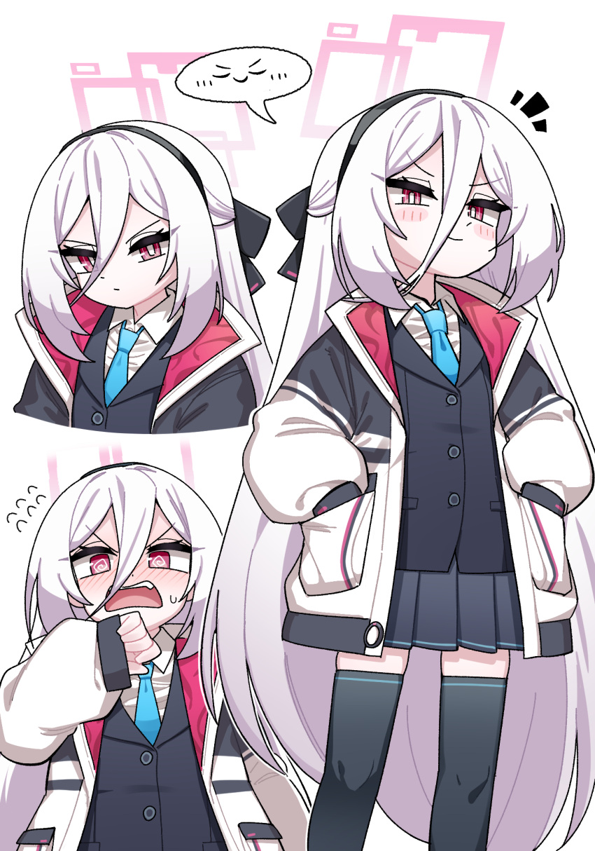 1girl, :o, @_@, black_hairband, black_jacket, black_skirt, black_thighhighs, blazer