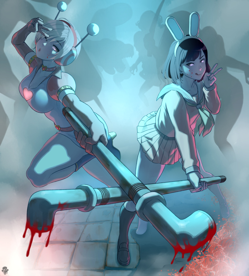 2girls, animal_ear_hairband, animal_ears, black_hair, blonde_hair, blood, blood_on_face, blood_on_weapon, elbow_gloves, fake_animal_ears, gloves, hairband, heather_mason, highres, holding, holding_lead_pipe, in-franchise_crossover, lead_pipe, licking_lips, mr.t, multiple_girls, o3o, official_alternate_costume, one_eye_closed, princess_heart_(silent_hill), rabbit_ears, school_uniform, serafuku, shimizu_hinako, shimizu_hinako_(pink_rabbit_costume), silent_hill_(series), silent_hill_3, silent_hill_f, tongue, tongue_out, v, weapon