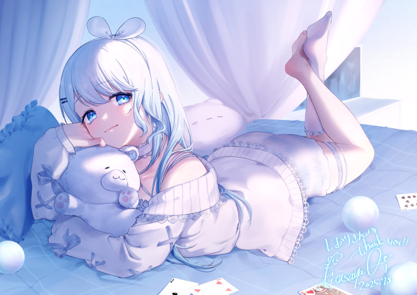 1girl, absurdres, ass, ball, blue_bow, blue_bowtie, blue_eyes, blue_hair