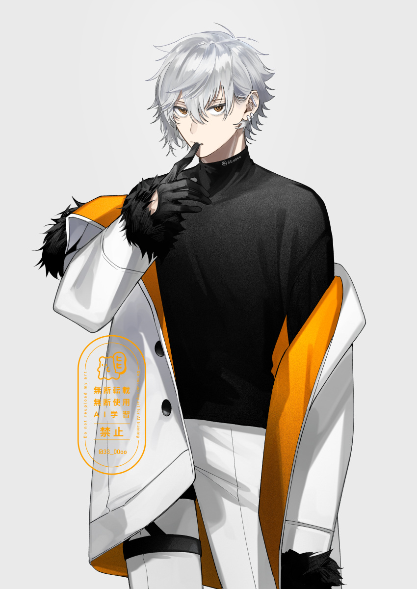 1boy, 33_00oo, absurdres, arm_at_side, artist_name, black_gloves, clothing_cutout, commentary