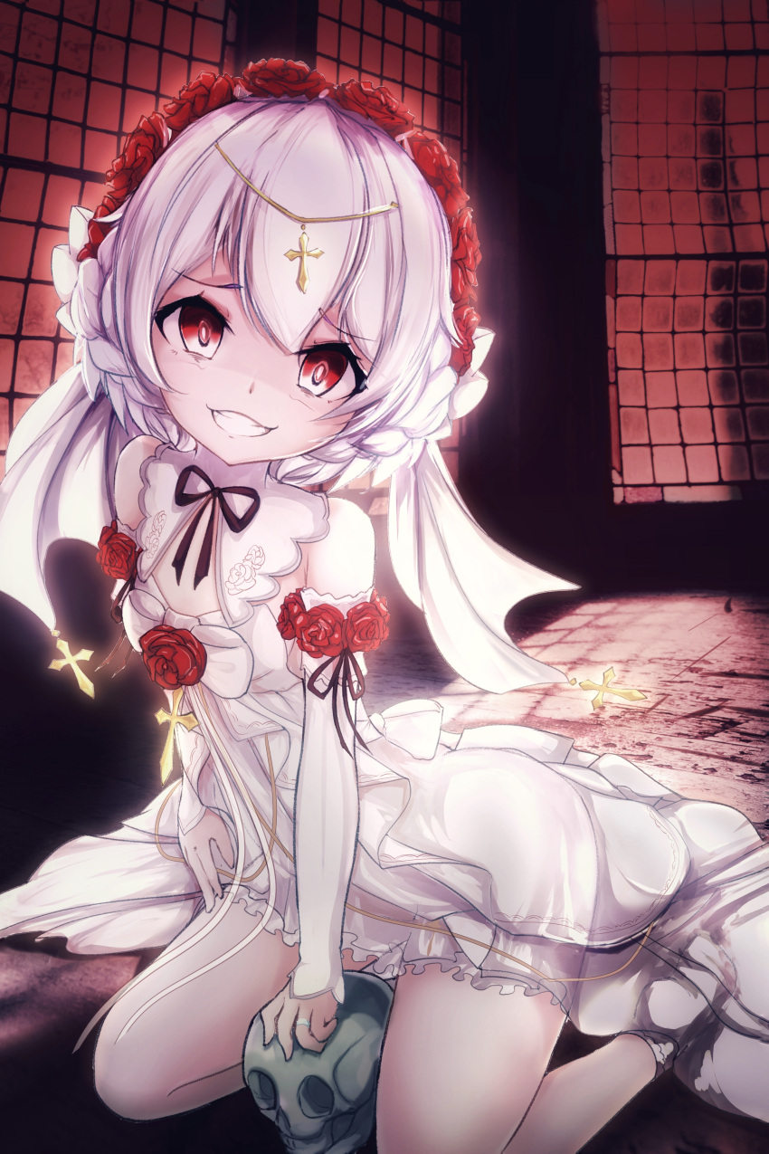 1girl, :d, absurdres, bare_shoulders, bridal_veil, commentary_request, dark_persona, detached_sleeves