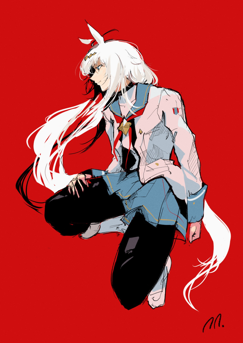 1girl, absurdres, ahoge, animal_ears, black_leggings, blue_eyes, blue_skirt, commentary_request, from_side, hair_ornament, hand_on_own_leg, highres, horse_ears, horse_girl, horse_tail, jacket, leggings, long_hair, long_sleeves, looking_to_the_side, oguri_cap_(starlight_beat)_(umamusume), oguri_cap_(umamusume), pleated_skirt, red_background, ringring_(artist), school_uniform, shirt, shoes, simple_background, skirt, smile, solo, solo_focus, tail, umamusume, white_hair, white_jacket, white_shirt, white_shoes