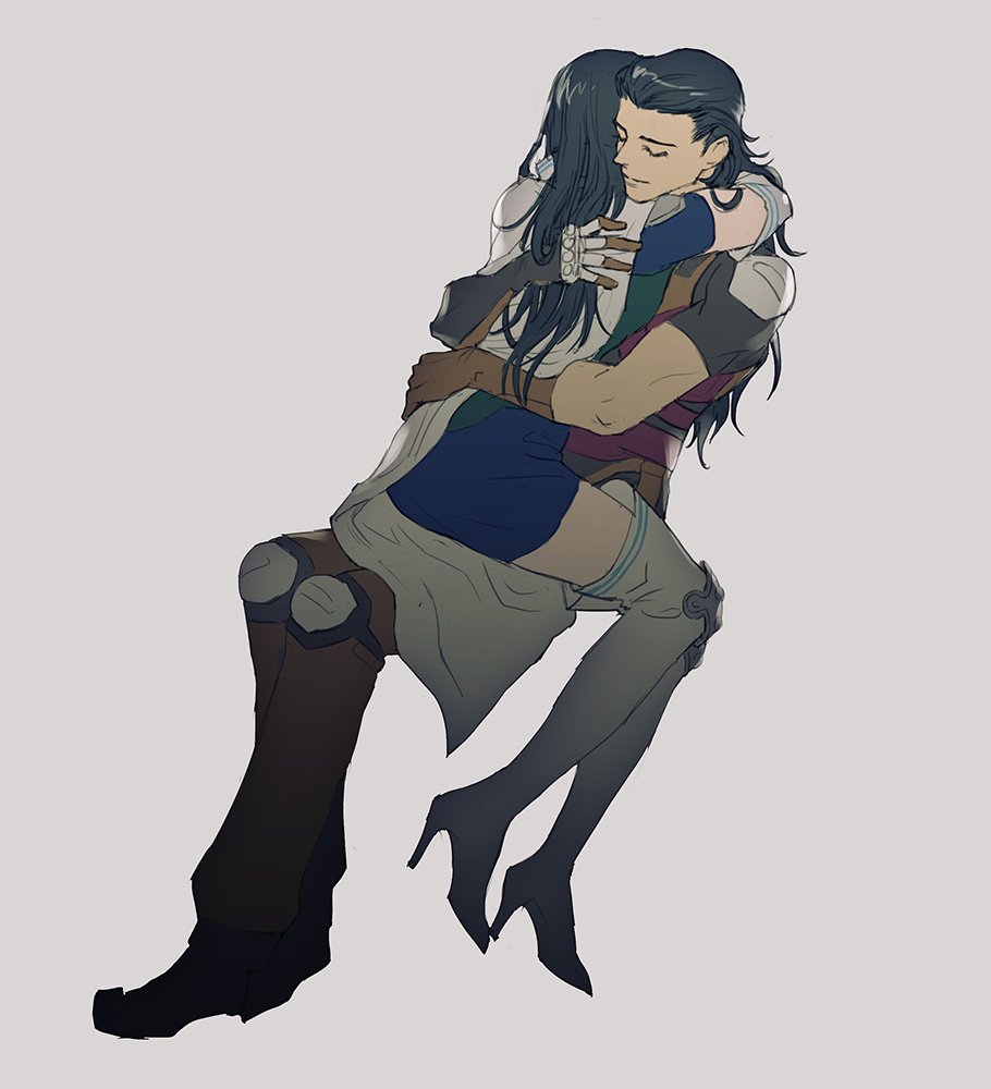 1boy, 1girl, aleph_(megami_tensei), armor, arms_around_neck, arms_around_waist, beth_(megami_tensei), black_hair