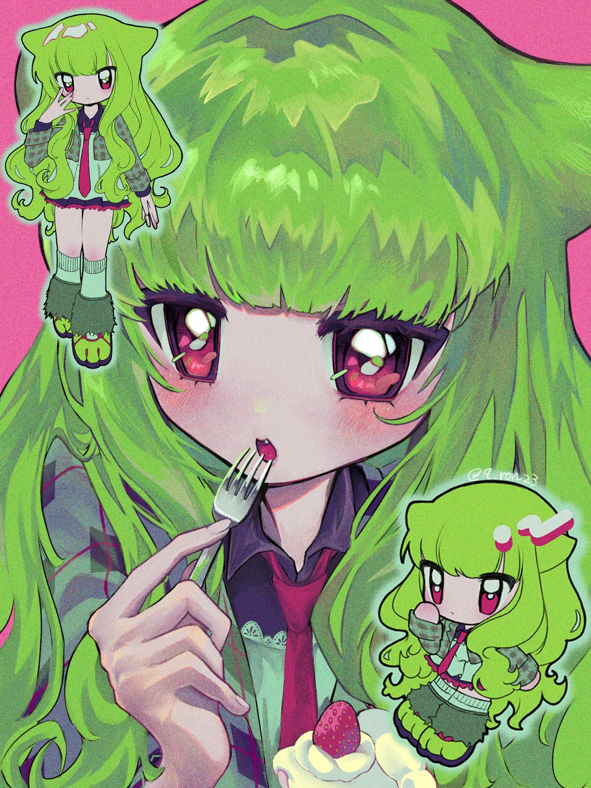1girl, 9_ron23, animal-themed_footwear, animal_ears, blunt_bangs, blush, cake, cake_slice