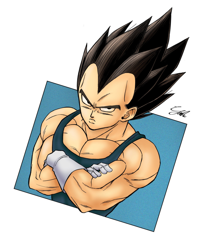 1boy, black_eyes, black_hair, blue_background, blue_bodysuit, bodysuit, commentary_request, crossed_arms