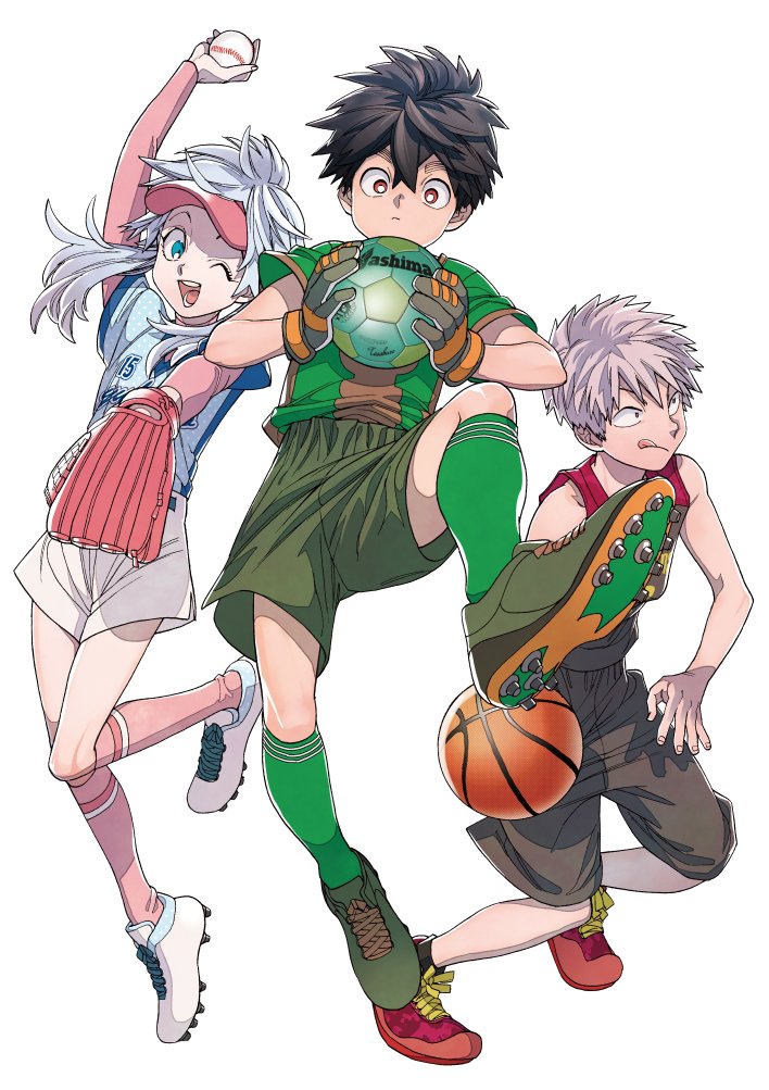 3boys, aimoto_shou_(artist), androgynous, arm_up, ball, basketball_(object), black_hair, blue_eyes, closed_mouth, commentary, commentary_request, full_body, iwakiyamayukisatoshironanogojuurokushi_akira, kemono_jihen, kneehighs, kusaka_kabane, long_hair, male_focus, multiple_boys, one_eye_closed, open_mouth, pink_hair, red_eyes, short_hair, shorts, soccer_ball, socks, tademaru_shiki, tongue, tongue_out, white_background, white_hair
