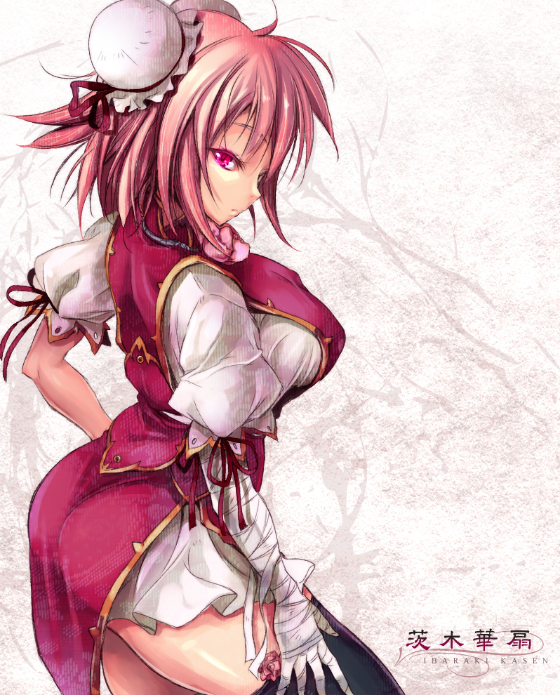 ass, bandage, bandages, black_legwear, breasts, bun_cover, character_name, curvy