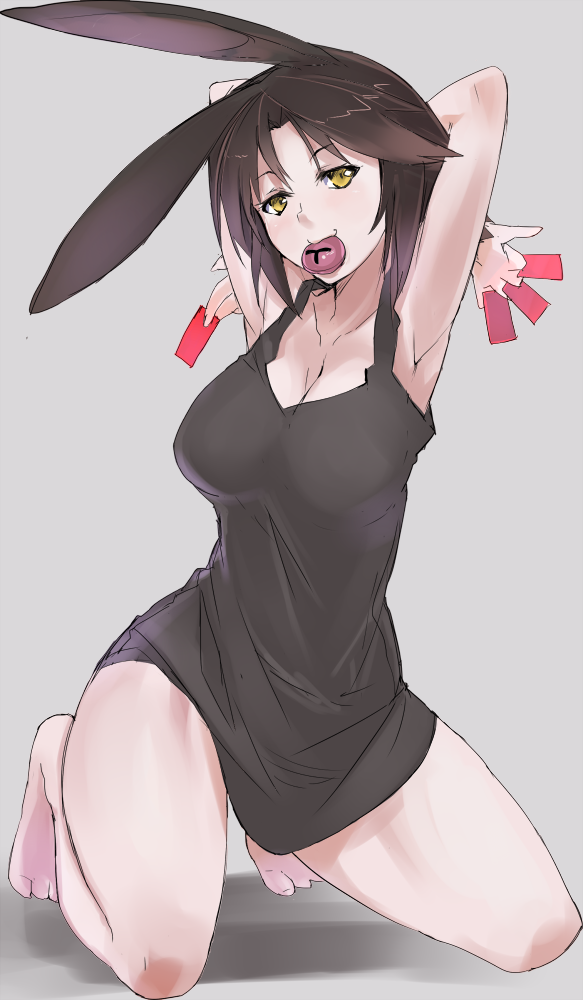 animal_ears, armpits, arms_behind_head, barefoot, black_dress, breasts, brown_hair, bunny_ears