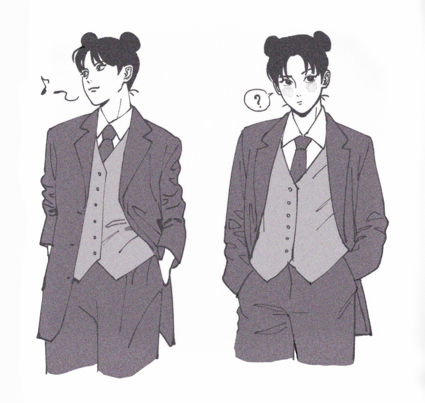 1girl, ?, coat, commentary, crossdressing, crossdressing_(ftm), double_bun, eighth_note, english_commentary, greyscale, hair_bun, hands_in_pockets, il1023il, looking_to_the_side, monochrome, musical_note, naruto_(series), naruto_shippuuden, necktie, oversized_clothes, pants, smile, spoken_question_mark, suit, tenten_(naruto)