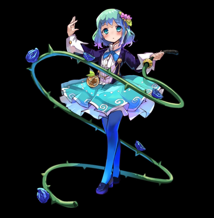 aqua_eyes, aqua_skirt, black_background, black_shoes, blue_flower, blue_hair, blue_pantyhose, blue_rose