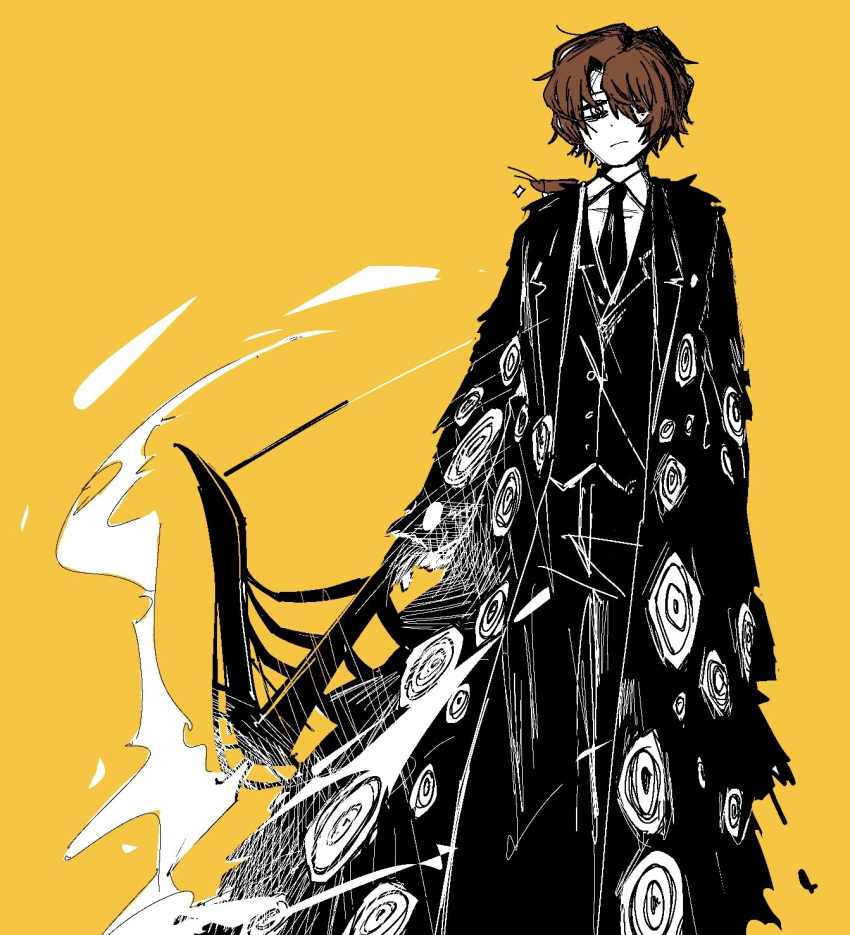 1boy, black_coat, black_necktie, black_vest, brown_hair, bug, coat, cockroach