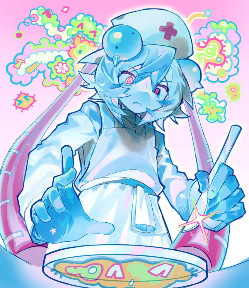 @_@, absurdres, androgynous, apron, bacteria, blue_hair, blue_skin, chervya