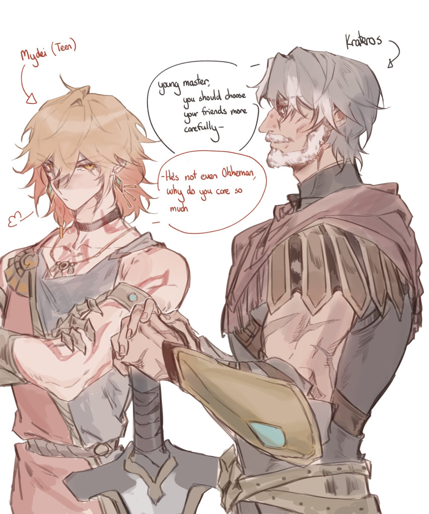 2boys, arm_armor, arm_tattoo, beard, black_choker, black_eyes, black_shirt, blonde_hair